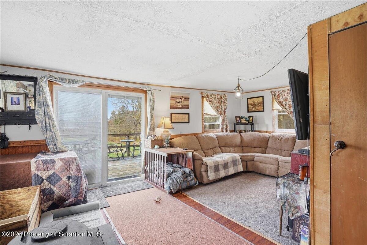 1140 Ball Pond Road Thompson, PA 18465 - Photo 60 of 68 a living room with furniture large window and a flat screen tv