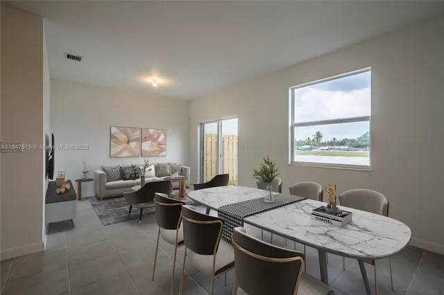 a view of a dining room with furniture window and outside view