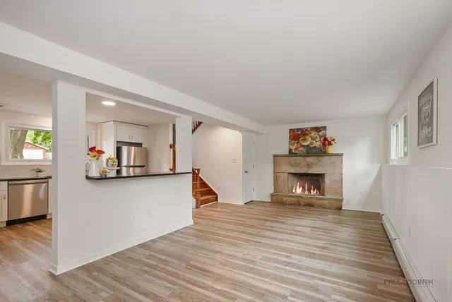 a view of living room with furniture and a fireplace