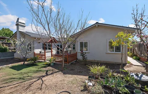 a backyard of a house with potted plants and large tree