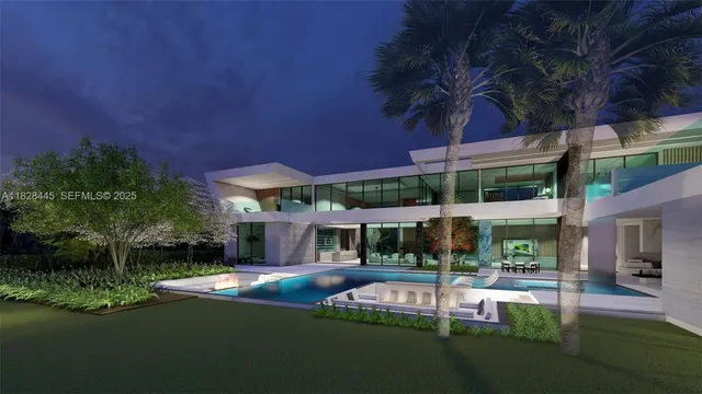 a view of a house with swimming pool and porch with furniture