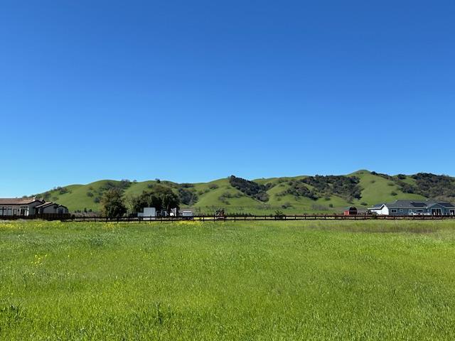 a view of a green field with mountains in the background