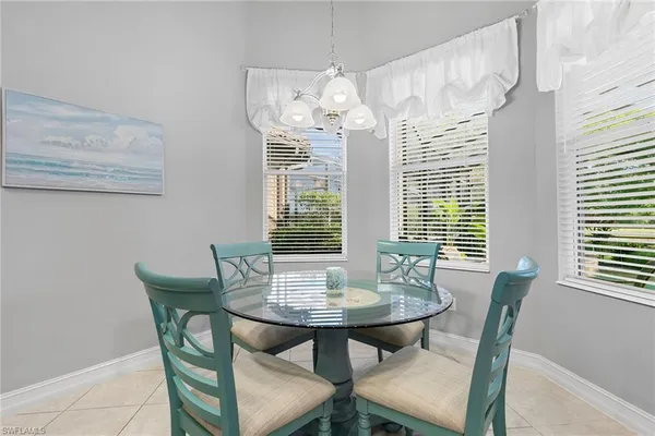 a view of a dining room with furniture and window
