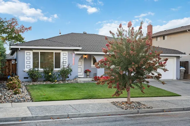 a front view of a house with a yard and potted plants