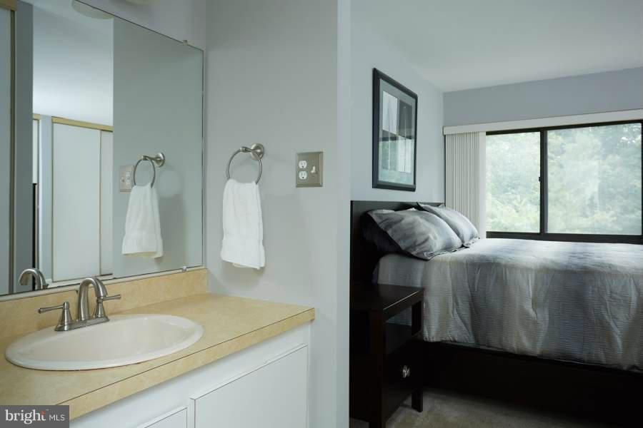 11602 Windbluff Court, Unit 8A1 Reston, VA 20191 - Photo 18 of 27 a en suite bathroom with a granite countertop sink and a mirror