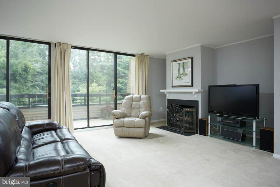 11602 Windbluff Court, Unit 8A1 Reston, VA 20191 - Photo 8 of 27 a living room with furniture a flat screen tv and a fireplace