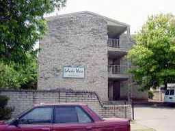 a view of a brick wall with potted plants