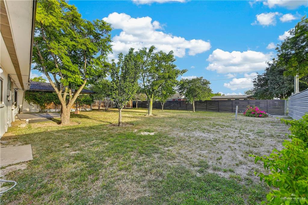 216 West Enfield Road Edinburg, TX 78539 - Photo 18 of 20 Expansive backyard featuring mature trees, a privacy fence, and concrete patio