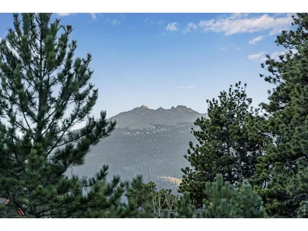 a view of a yard and mountain from a window