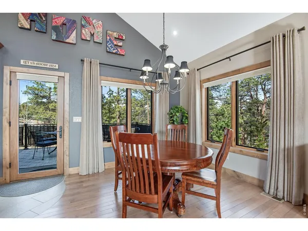 a view of a dining room with furniture window and outside view
