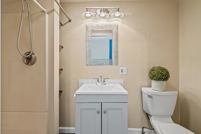 a bathroom with a toilet sink vanity and mirror