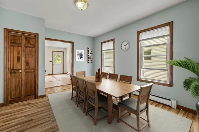 a view of a dining room with furniture and window