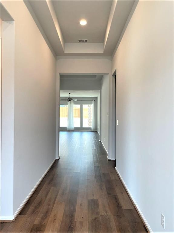 156 Santa Maria Street Georgetown, TX 78628 - Photo 6 of 40 Hallway with a raised ceiling and dark wood-style floors