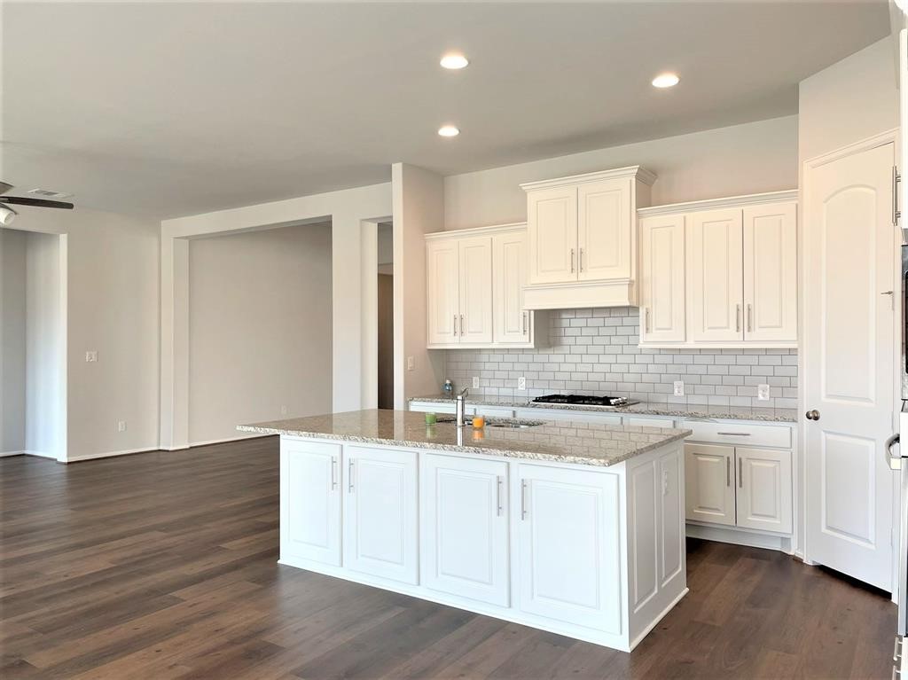 156 Santa Maria Street Georgetown, TX 78628 - Photo 9 of 40 Kitchen featuring white cabinets, dark wood-type flooring, light stone countertops, a kitchen island with sink, and recessed lighting