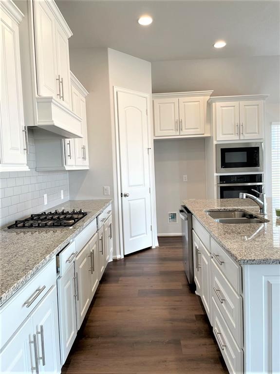 156 Santa Maria Street Georgetown, TX 78628 - Photo 10 of 40 Kitchen featuring light stone countertops, white cabinets, dark wood-style floors, and recessed lighting