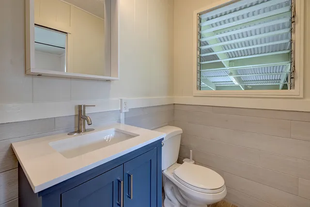 a bathroom with a sink a toilet and mirror