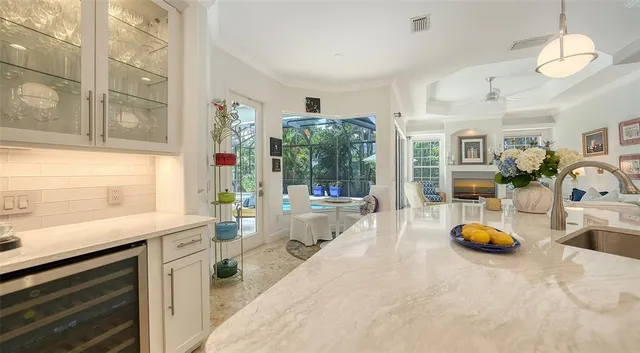 a kitchen with counter top space and appliances
