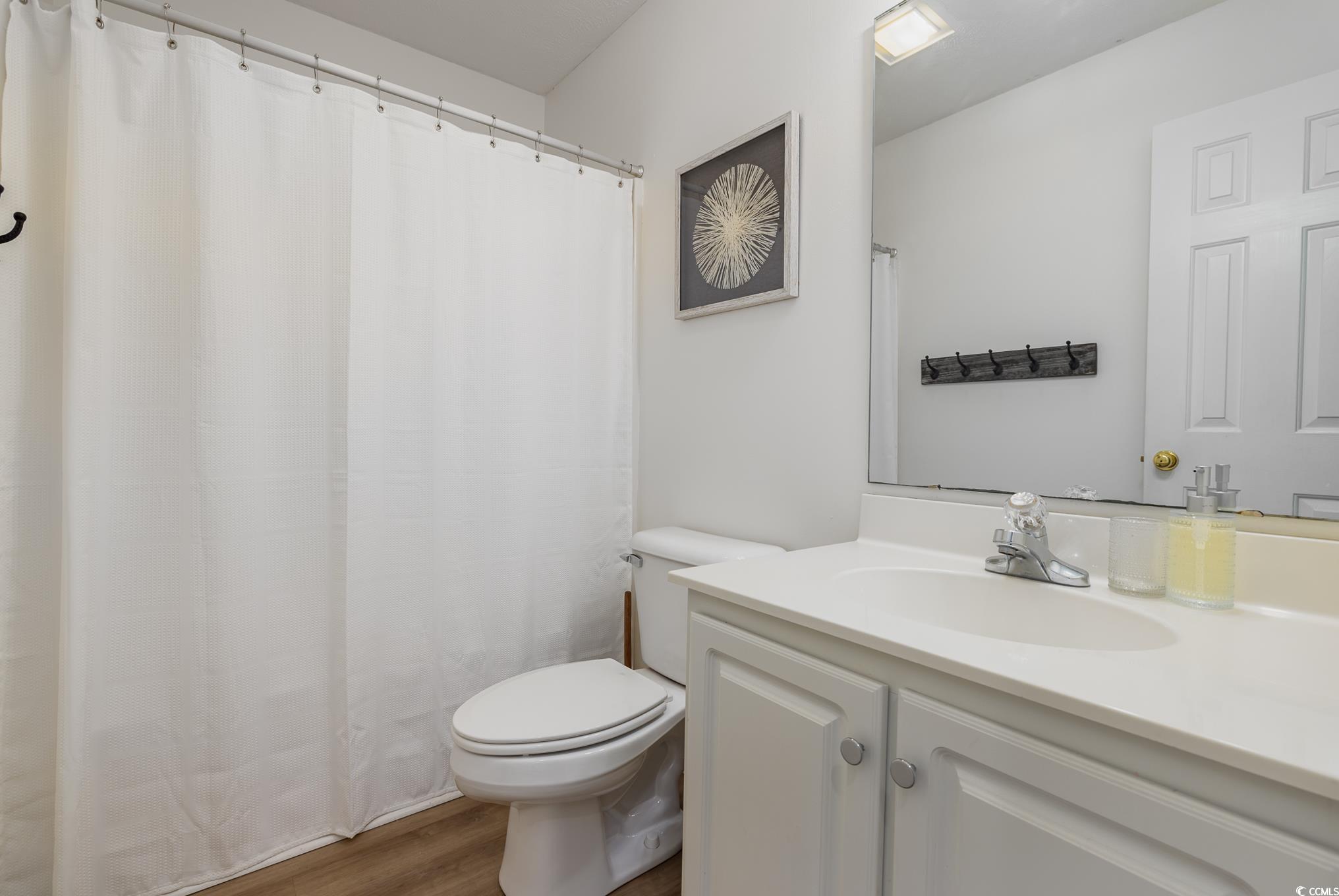 504 Pinehurst Lane, Unit 18H Pawleys Island, SC 29585 - Photo 7 of 28 Bathroom featuring vanity, dark wood-style floors, and a shower with curtain