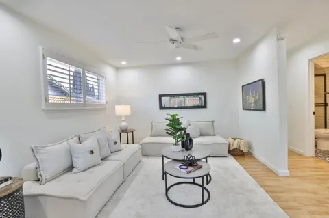 a living room with furniture potted plant and window