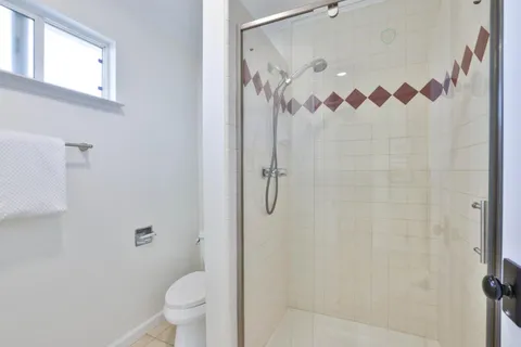 a bathroom with a shower and a toilet
