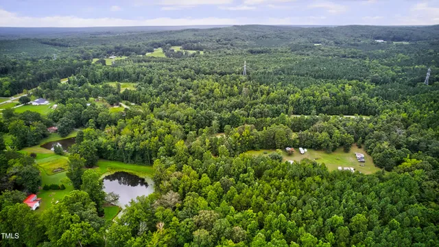 a view of a lush green forest with trees and some houses