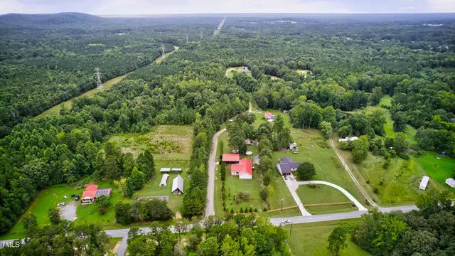 an aerial view of residential houses with outdoor space and trees