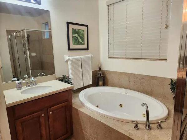 a bathroom with a tub sink and mirror