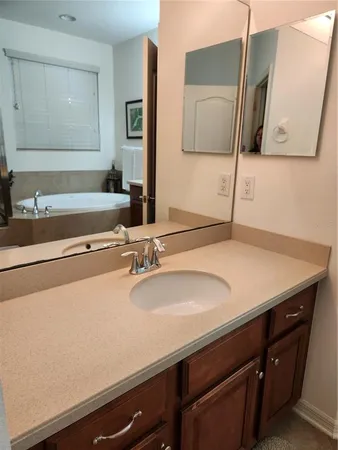 a bathroom with a sink and a mirror