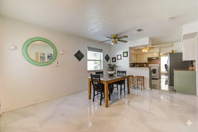 a view of a kitchen and dining room