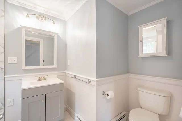 a bathroom with a sink toilet vanity and mirror