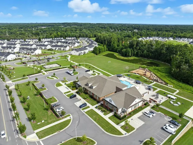 an aerial view of a swimming pool