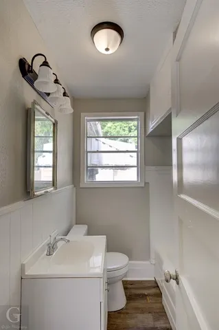 a bathroom with a sink a toilet and a mirror