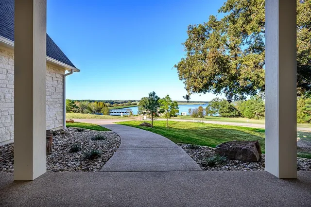 a view of a garden with large trees
