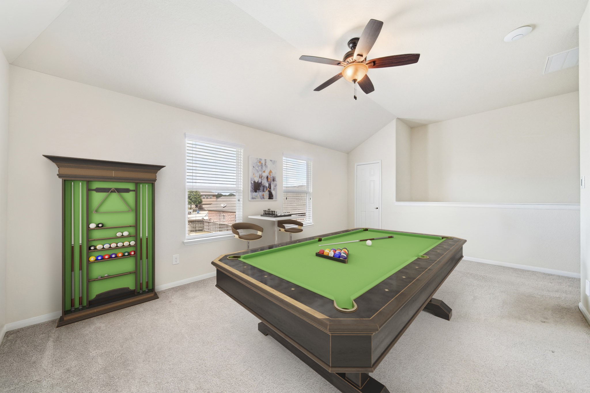 3010 Coachmaker Trail Rosenberg, TX 77471 - Photo 12 of 26 Virtually Staged: This home boasts an incredible game room, complete with plush carpet, large windows with privacy blinds, and a ceiling fan. Perfect for a unique adult hangout.