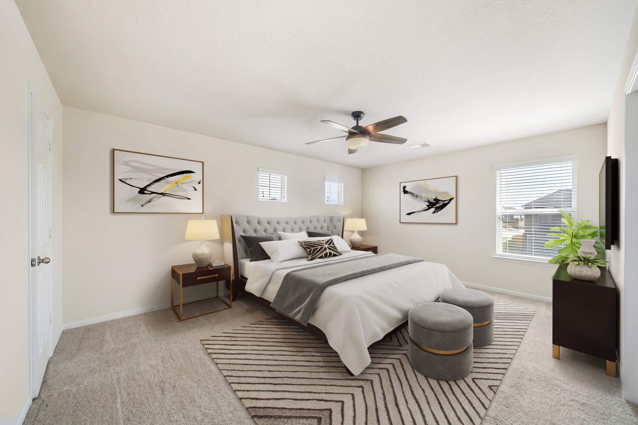 3010 Coachmaker Trail Rosenberg, TX 77471 - Photo 13 of 26 Virtually Staged: Large secondary bedroom featuring plush carpet, a ceiling fan, and multiple windows. It is complete with a built-in closet.
