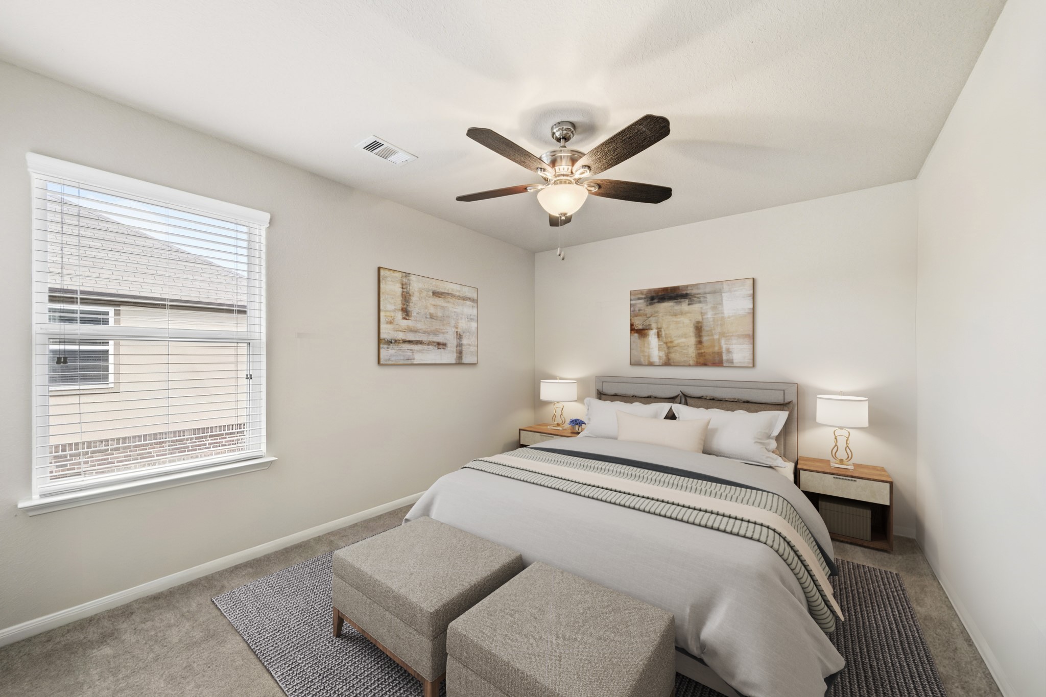 3010 Coachmaker Trail Rosenberg, TX 77471 - Photo 14 of 26 Virtually Staged: This inviting secondary bedroom features a large window with privacy blinds and a ceiling fan, offering a comfortable space to relax and unwind.