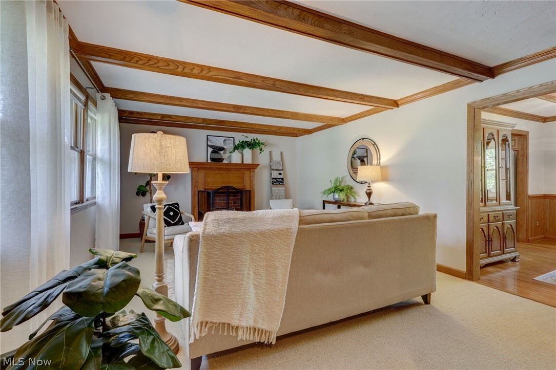 3385 West Western Reserve Road Canfield, OH 44406 - Photo 3 of 29 Living room featuring molding, beam ceiling, carpet floors, and a wealth of natural light