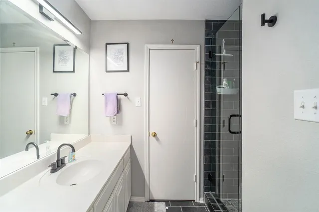 a bathroom with a sink and a large mirror