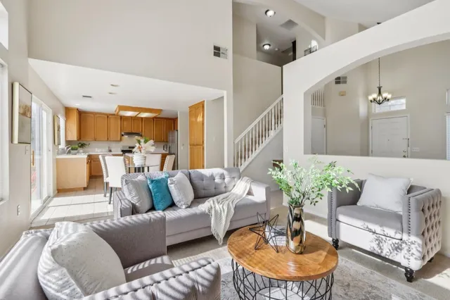 a view of a dining room with furniture window and outside view