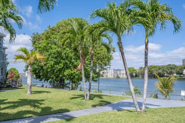 a palm tree sitting in front of a yard with plants