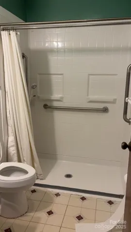 a bathroom with a shower and a toilet