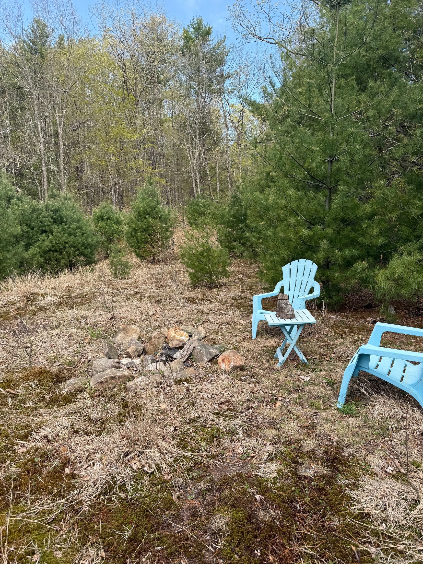 a wooden bench sitting in the middle of a yard