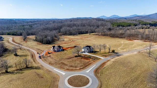 a view of a backyard with mountain and lake view