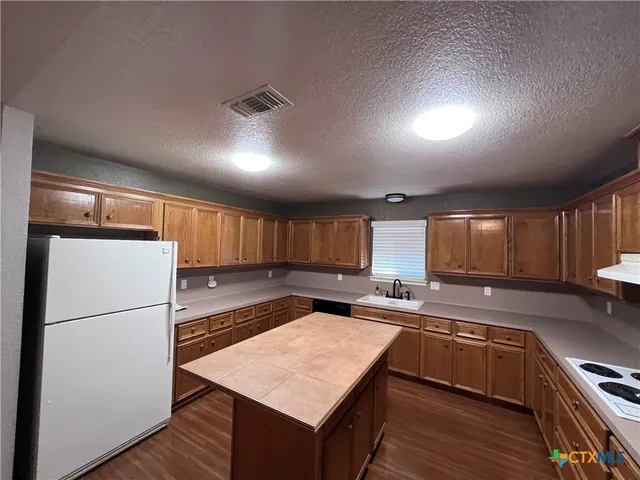 a kitchen with a refrigerator a sink and wooden cabinets