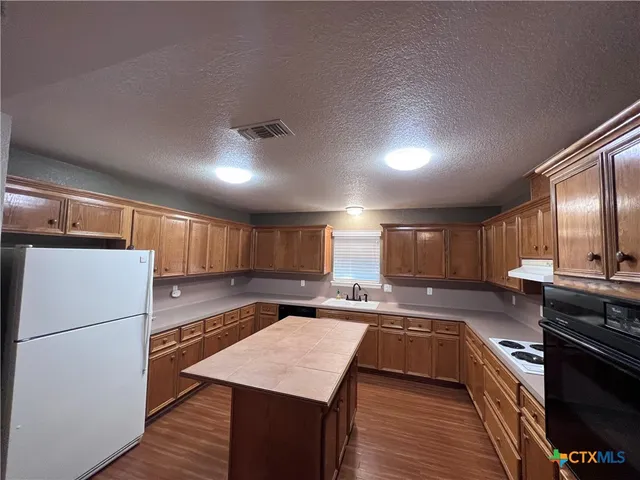 a kitchen with a refrigerator a sink and wooden cabinets