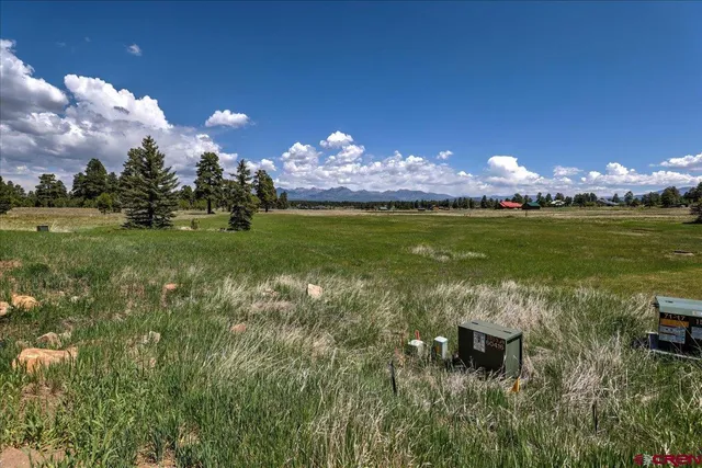 a view of a fountain in middle of the green field