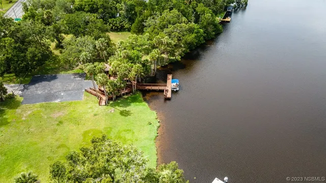 a view of a backyard with table and chairs plants and large trees