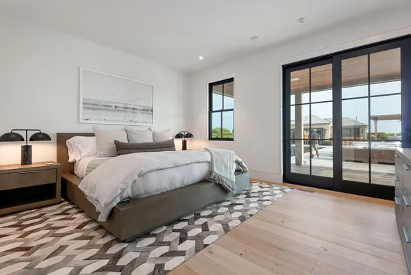 a bedroom with a large bed and a large window