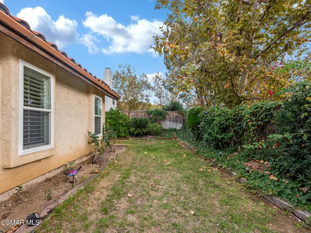 a backyard of a house with plants and large trees