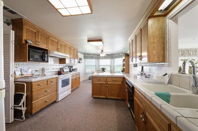 a kitchen that has a sink a stove and a refrigerator